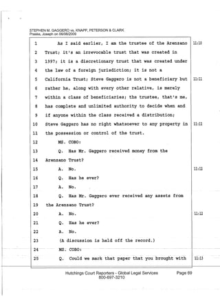 ---- -- - - ----
STEPHEN M. GAGGERO vs. KNAPP, PETERSON & CLARK
Praske, Joseph on 06/08/2009
1
2
3
4
5
6
7
8
9
10
11
12
13
14
15
16
17
18
19
20
21
22
23
2'4--
25
As I said earlier, I am the trustee of the Arenzano 11:10
Trusti it1s an irrevocable trust that was created in
1997i it is a discretionary trust that was created under
the law of a foreign jurisdictioni it is not a
California Trusti Steve Gaggero is not a beneficiary but 11:11
rather he, along with every other relative, is merely
within a class of beneficiariesi the trustee, that1s me,
has complete and unlimited authority to decide when and
if anyone within the class received a distributioni
Steve Gaggero has no right whatsoever to any property in 11:11
the possession or control of the trust.
MS. COBO:
Q. Has Mr. Gaggero received money from the
Arenzano Trust?
A. No. 11:12
Q. Has he ever?
A. No.
Q. Has Mr. Gaggero ever received any assets from
the Arenzano Trust?
A. No. 11:12
Q. Has he ever?
A. No.
(A discussion is held off the record.)
MS~ COBO:
- ---
Q. Could we mark that paper that you brought with 11:13
Hutchings Court Reporters - Global Legal Services
800-697-3210
Page 69
 