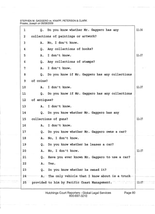 STEPHEN M. GAGGERO vs. KNAPP, PETERSON & CLARK
Praske, Joseph on 06/08/2009
1 Q. Do you know whether Mr. Gaggero has any
2 collections of paintings or artwork?
3
4
5
6
7
8
A. No, I don't know.
Q. Any collections of books?
A. I don't know.
Q. Any collections of stamps?
A. I don't know.
Q. Do you know if Mr. Gaggero has any collections
9 of coins?
10
11
A. I don't know.
Q. Do you know if Mr. Gaggero has any collections
12 of antiques?
13
14
A. I don't know.
Q. Do you know whether Mr. Gaggero has any
15 collections of guns?
16
17
18
19
20
21
22
23
24--- ..----
A. I don't know.
Q. Do you know whether Mr. Gaggero owns a car?
A. No, I don't know.
Q. Do you know whether he leases a car?
A. No, I don't know.
Q. Have you ever known Mr. Gaggero to use a car?
A. Yes.
Q. Do you know whether he owned it?
k;--·· Theonlyvehicle-tha-t--I- -knew-abeut.-is -a--t-~uGk---
11:36
11:37
11:37
11:37
11:37
25 . -.. 11:37-
Hutchings Court Reporters - Global Legal Services
800-697-3210
Page 80
 