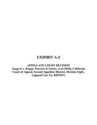 EXHIBIT A-2
APPELLATE COURT DECISION
Gaggero v. Knapp, Petersen & Clarke, et al (2010), California
Court of Appeal, Second Appellate District, Division Eight,
(Appeal Case No. B207567) 
 
 