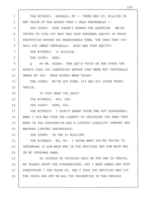 109
1 THE WITNESS: ROUGHLY, MY -- THERE WAS $11 MILLION IN
2 NET VALUE OF THE ASSETS THAT I HELD PERSONALLY
3 THE COURT: THAT DOESN'T ANSWER THE QUESTION. WE'RE
4 TRYING TO FIND OUT WHAT WAS YOUR PERSONAL EQUITY IN THOSE
5 PROPERTIES BEFORE YOU TRANSFERRED THEM, THE ONES THAT YOU
6 SAID YOU OWNED PERSONALLY. WHAT WAS YOUR EQUITY?
7 THE WITNESS: 11 MILLION.
8 THE COURT: OKAY.
9 Q BY MR. BEZEK: NOW LET'S FOCUS ON THE OTHER TWO
10 ASSETS THAT YOU IDENTIFIED BEFORE THAT WERE NOT PERSONALLY
11 OWNED BY YOU. WHAT ASSETS WERE THOSE?
12 THE COURT: WE'VE GOT THEM, 523 AND 621 OCEAN FRONT,
13 VENICE.
14 IS THAT WHAT YOU SAID?
15 THE WITNESS: 601, YES.
16 THE COURT: OKAY, 601.
17 THE WITNESS: I DIDN'T BREAK THOSE TWO OUT SEPARATELY.
18 WHAT I DID WAS TOOK THE LIBERTY OF INCLUDING THE ONES THAT
19 WERE IN THE CORPORATION AND A LIMITED LIABILITY COMPANY AND
20 ANOTHER LIMITED PARTNERSHIP.
21 THE COURT: IN THE 11 MILLION?
22 THE WITNESS: NO, NO. I THINK WHAT YOU'RE TRYING TO
23 DETERMINE IS HOW MUCH WAS IN THE ENTITIES AND HOW MUCH WAS
24 IN MY PERSONAL NAME.
25 SO INSTEAD OF FOCUSING ONLY ON THE TWO IN VENICE,
26 WE TALKED ABOUT THE CORPORATIONS, AND I WENT AHEAD AND TOOK
27 EVERYTHING I CAN THINK OF, AND I TOOK THE ENTITIES AND DID
28 THE GROSS AND NET ON ALL THE PROPERTIES IN THE VARIOUS
 