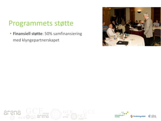 Programmets støtte
• Finansiell støtte: 50% samfinansiering
med klyngepartnerskapet

GCE
GCE

GCE

GCE

 