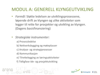 MODUL A: GENERELL KLYNGEUTVIKLING
• Formål: Støtte ledelsen av utviklingsprosessene,
løpende drift av klyngen og ulike aktiviteter som
legger til rette for prosjekter og utvikling av klyngen.
(Dagens basisfinansiering)
• Strategiske instrumenter:
a) Prosessledelse
b) Nettverksbygging og møteplasser
c) Analyse- og strategiprosesser
d) Kommunikasjon
e) Tilrettelegging av læringsaktiviteter
f) Tidligfase ide- og prosjektutvikling

GCE
GCE

GCE

GCE

 