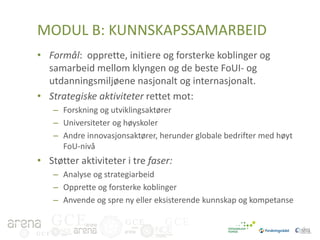 MODUL B: KUNNSKAPSSAMARBEID
• Formål: opprette, initiere og forsterke koblinger og
samarbeid mellom klyngen og de beste FoUI- og
utdanningsmiljøene nasjonalt og internasjonalt.
• Strategiske aktiviteter rettet mot:
– Forskning og utviklingsaktører
– Universiteter og høyskoler
– Andre innovasjonsaktører, herunder globale bedrifter med høyt
FoU-nivå

• Støtter aktiviteter i tre faser:
– Analyse og strategiarbeid
– Opprette og forsterke koblinger
– Anvende og spre ny eller eksisterende kunnskap og kompetanse

GCE
GCE

GCE

GCE

 