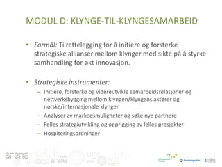 MODUL D: KLYNGE-TIL-KLYNGESAMARBEID
• Formål: Tilrettelegging for å initiere og forsterke
strategiske allianser mellom klynger med sikte på å styrke
samhandling for økt innovasjon.
• Strategiske instrumenter:
– Initiere, forsterke og videreutvikle samarbeidsrelasjoner og
nettverksbygging mellom klyngen/klyngens aktører og
norske/internasjonale klynger
– Analyser av markedsmuligheter og søke nye partnere
– Felles strategiutvikling og opprigging av felles prosjekter
– Hospiteringsordninger

GCE
GCE

GCE

GCE

 