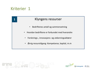 Kriterier 1
Klyngens ressurser

1

• Bedriftenes antall og sammensetning
• Hvordan bedriftene er forbundet med hverandre
• Forsknings-, innovasjons- og utdanningsaktører
• Øvrig ressurstilgang: Kompetanse, kapital, m.m

GCE
GCE

GCE

GCE

 