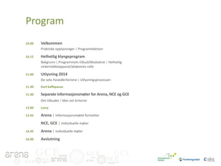 Program
10.00

Velkommen
Praktiske opplysninger | Programledelsen

10.15

Helhetlig klyngeprogram
Bakgrunn | Programmets tilbud/Modulene | Helhetlig
virkemiddelapparat/aktørenes rolle

11.00

Utlysning 2014
De seks hovedkriteriene | Utlysningsprosessen

11.30

Kort kaffepause

11.40

Separate informasjonsmøter for Arena, NCE og GCE
Om tilbudet | Mer om kriterier

13.00

Lunsj

13.45

Arena | Informasjonsmøtet fortsetter
NCE, GCE | Individuelle møter

14.45

Arena | Individuelle møter

16.00

Avslutning

GCE
GCE

GCE

GCE

 