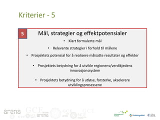 Kriterier - 5
5

Mål, strategier og effektpotensialer
• Klart formulerte mål
• Relevante strategier i forhold til målene
• Prosjektets potensial for å realisere målsatte resultater og effekter
• Prosjektets betydning for å utvikle regionens/verdikjedens
innovasjonssystem
• Prosjektets betydning for å utløse, forsterke, akselerere
utviklingsprosessene

GCE
GCE

GCE

GCE

 