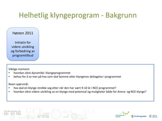 Helhetlig klyngeprogram - Bakgrunn
Høsten 2011
Initiativ for
videre utvikling
og forbedring av
programtilbud

Viktige moment:
• hvordan sikre dynamikk i klyngeprogrammet
• behov for å se mer på hva som skal komme etter klyngenes deltagelse i programmet
Noen spørsmål:
• hva skal en klynge strekke seg etter når den har vært 9-10 år i NCE programmet?
• hvordan sikre videre utvikling av en klynge med potensial og muligheter både for Arena- og NCE klynge?

GCE
GCE

GCE

GCE

 