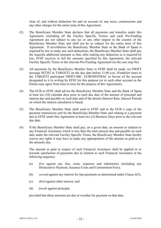 clear of, and without deduction for and on account of, any taxes, commissions and
         any other charges for the entire term of this Agreement.

(2)      The Beneficiary Member State declares that all payments and transfers under this
         Agreement (including all the Facility Specific Terms) and each Pre-Funding
         Agreement are not subject to any tax or any other impost in the country of the
         Beneficiary Member State and shall not be so subject for the entire term of this
         Agreement. If nevertheless the Beneficiary Member State or the Bank of Spain is
         required by law to make any such deductions, the Beneficiary Member State shall pay
         the requisite additional amounts so that, after making any deduction as is required by
         law, EFSF receives in full the amounts specified by this Agreement, the relevant
         Facility Specific Terms or the relevant Pre-Funding Agreement (as the case may be).

(3)      All payments by the Beneficiary Member State to EFSF shall be made via SWIFT
         message MT202 in TARGET2 on the due date before 11:00 a.m. (Frankfurt time) to
         the TARGET2 participant SWIFT-BIC: ECBFDEFFBAC in favour of the account
         designated to it in writing by EFSF for this purpose (or to such other account as the
         Parties may agree from time to time for the purpose of this Agreement).

(4)      The ECB or EFSF shall advise the Beneficiary Member State and the Bank of Spain
         at least ten (10) calendar days prior to each due date of the amount of principal and
         interest due and payable on such date and of the details (Interest Rate, Interest Period)
         on which the interest calculation is based.

(5)      The Beneficiary Member State shall send to EFSF and to the ECB a copy of the
         payment instructions sent by the Beneficiary Member State and relating to a payment
         due to EFSF under this Agreement at least two (2) Business Days prior to the relevant
         due date.

(6)      If the Beneficiary Member State shall pay, on a given date, an amount in relation to
         any Financial Assistance which is less than the total amount due and payable on such
         date under the relevant Facility Specific Terms, the Beneficiary Member State hereby
         waives any rights it may have to make any appropriation of the amount so paid as to
         the amounts due.

         The amount so paid in respect of such Financial Assistance shall be applied in or
         towards satisfaction of payments due in relation to such Financial Assistance in the
         following sequence:

         (a)         first against any fees, costs, expenses and indemnities (including any
                     Disincentive Payment, Issuance Costs and Commitment Fees);

         (b)         second against any interest for late payments as determined under Clause 6(3);

         (c)         third against other interest; and

         (d)         fourth against principal,

         provided that these amounts are due or overdue for payment on that date.




38079-5-2470-v1.25                                 - 32 -                                 52-40473945
 
