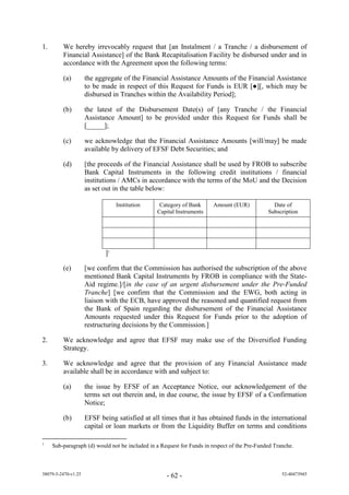 1.       We hereby irrevocably request that [an Instalment / a Tranche / a disbursement of
         Financial Assistance] of the Bank Recapitalisation Facility be disbursed under and in
         accordance with the Agreement upon the following terms:

         (a)         the aggregate of the Financial Assistance Amounts of the Financial Assistance
                     to be made in respect of this Request for Funds is EUR [●][, which may be
                     disbursed in Tranches within the Availability Period];

         (b)         the latest of the Disbursement Date(s) of [any Tranche / the Financial
                     Assistance Amount] to be provided under this Request for Funds shall be
                     [_____];

         (c)         we acknowledge that the Financial Assistance Amounts [will/may] be made
                     available by delivery of EFSF Debt Securities; and

         (d)         [the proceeds of the Financial Assistance shall be used by FROB to subscribe
                     Bank Capital Instruments in the following credit institutions / financial
                     institutions / AMCs in accordance with the terms of the MoU and the Decision
                     as set out in the table below:

                                 Institution     Category of Bank      Amount (EUR)             Date of
                                                Capital Instruments                           Subscription




                            ]1

         (e)         [we confirm that the Commission has authorised the subscription of the above
                     mentioned Bank Capital Instruments by FROB in compliance with the State-
                     Aid regime.]/[in the case of an urgent disbursement under the Pre-Funded
                     Tranche] [we confirm that the Commission and the EWG, both acting in
                     liaison with the ECB, have approved the reasoned and quantified request from
                     the Bank of Spain regarding the disbursement of the Financial Assistance
                     Amounts requested under this Request for Funds prior to the adoption of
                     restructuring decisions by the Commission.]

2.       We acknowledge and agree that EFSF may make use of the Diversified Funding
         Strategy.

3.       We acknowledge and agree that the provision of any Financial Assistance made
         available shall be in accordance with and subject to:

         (a)         the issue by EFSF of an Acceptance Notice, our acknowledgement of the
                     terms set out therein and, in due course, the issue by EFSF of a Confirmation
                     Notice;

         (b)         EFSF being satisfied at all times that it has obtained funds in the international
                     capital or loan markets or from the Liquidity Buffer on terms and conditions

1
     Sub-paragraph (d) would not be included in a Request for Funds in respect of the Pre-Funded Tranche.



38079-5-2470-v1.25                                  - 62 -                                          52-40473945
 