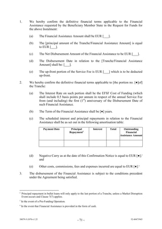 1.         We hereby confirm the definitive financial terms applicable to the Financial
           Assistance requested by the Beneficiary Member State in the Request for Funds for
           the above Instalment:

           (a)       The Financial Assistance Amount shall be EUR [___].

           (b)       The [principal amount of the Tranche/Financial Assistance Amount] is equal
                     to EUR [___].

           (c)       The Net Disbursement Amount of the Financial Assistance to be EUR [___].

           (d)       The Disbursement Date in relation to the [Tranche/Financial Assistance
                     Amount] shall be: [___].

           (e)       The up-front portion of the Service Fee is EUR [___] which is to be deducted
                     up-front.

2.         We hereby confirm the definitive financial terms applicable to [the portion no. [●]of]
           the Tranche:

           (a)       The Interest Rate on such portion shall be the EFSF Cost of Funding (which
                     shall include 0.5 basis points per annum in respect of the annual Service Fee
                     from (and including) the first (1st) anniversary of the Disbursement Date of
                     such Financial Assistance.

           (b)       The Term of the Financial Assistance shall be [●] years.

           (c)       The scheduled interest and principal repayments in relation to the Financial
                     Assistance shall be as set out in the following amortisation table:

                        Payment Date              Principal            Interest       Total       Outstanding
                                                 Repayment2                                         Financial
                                                                                               Assistance Amount




           (d)       Negative Carry as at the date of this Confirmation Notice is equa t EUR [●];3
                     and

           (e)       Other costs, commissions, fees an e             enses incurre are equa t EUR [●].4

3.         The disbursement of the Financial Assistance is subject to the conditions precedent
           under the Agreement being satisfied.



2
    Principal repayment in bullet loans will only apply to the last portion of a Tranche, unless a Market Disruption
    Event occurs and Clause 7(7) applies.
3
    In the event of a Pre-Funding Operation.
4
    In the event that Financial Assistance is provided in the form of cash.



38079-5-2470-v1.25                                       - 71 -                                          52-40473945
 
