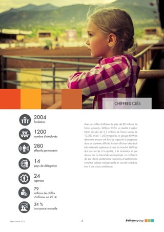 CHIFFRES CLÉS
Avec un chiffre d'affaires de près de 80 millions de
francs suisses (+ 34%) en 2014, un résultat d'exploi-
tation de plus de 5,3 millions de francs suisses (+
13,5%) et ses 1 200 employés, le groupe BeMore
démontre encore une fois sa capacité à progresser
dans un contexte difficile, tout en affichant des résul-
tats nettement supérieurs à ceux du marché. BeMore
doit son succès à la qualité, à la motivation et par
dessus tout au travail de ses employés. La confiance
de ses clients, partenaires bancaires et actionnaires
constitue la base indispensable en vue de la réalisa-
tion d'une vision ambitieuse.
1200
nombre d'employés
280
effectifs permanents
14
pays de délégation
24
agences
79
millions de chiffre
d'affaires en 2014
2004
fondation
Rapport annuel 2014 4
34 %
croissance annuelle
 