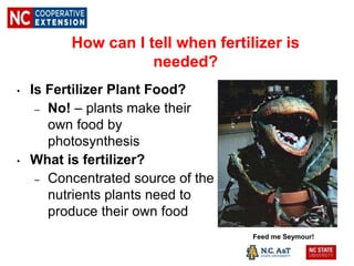 How can I tell when fertilizer is
needed?
• Is Fertilizer Plant Food?
– No! – plants make their
own food by
photosynthesis
• What is fertilizer?
– Concentrated source of the
nutrients plants need to
produce their own food
Feed me Seymour!
 