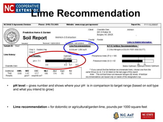 Lime Recommendation
• pH level – gives number and shows where your pH is in comparison to target range (based on soil type
and what you intend to grow)
• Lime recommendation – for dolomitic or agricultural/garden lime, pounds per 1000 square feet
 