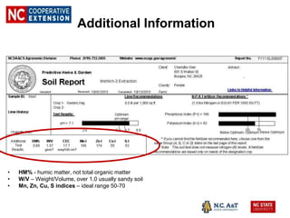 Additional Information
• HM% - humic matter, not total organic matter
• W/V – Weight/Volume, over 1.0 usually sandy soil
• Mn, Zn, Cu, S indices – ideal range 50-70
 