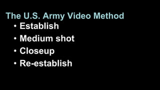 The U.S. Army Video Method 
• Establish 
• Medium shot 
• Closeup 
• Re-establish 
 