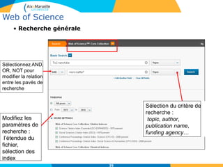 35
Web of Science
• Recherche générale
Sélectionnez AND,
OR, NOT pour
modifier la relation
entre les pavés de
recherche
Modifiez les
paramètres de
recherche :
l’étendue du
fichier,
sélection des
index
Sélection du critère de
recherche :
topic, author,
publication name,
funding agency…
 