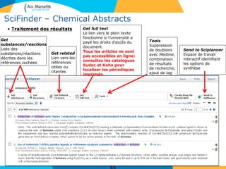 SciFinder – Chemical Abstracts
• Traitement des résultats
Get
substances/reactions
Liste des
substances/réactions
décrites dans les
références cochées
Get related
Lien vers les
références
citées ou
citantes
Get full text
Le lien vers le plein texte
fonctionne si l’université a
payé les droits d’accès du
document.
Tous les articles ne sont
pas accessibles en ligne:
consultez les catalogues
Sudoc et Koha pour
localiser les périodiques
imprimés.
Tools
Suppression
de doublons
avec Medline,
combinaison
de résultats
de recherche,
ajout de tag
Send to Sciplanner
Espace de travail
interactif identifiant
les options de
synthèse
 