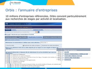 Orbis : l’annuaire d’entreprises
10 millions d'entreprises référencées. Orbis convient particulièrement
aux recherches de stages par activité et localisation.
51
 