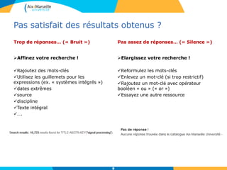Pas satisfait des résultats obtenus ?
Trop de réponses… (« Bruit »)
Affinez votre recherche !
Rajoutez des mots-clés
Utilisez les guillemets pour les
expressions (ex. « systèmes intégrés »)
dates extrêmes
source
discipline
Texte intégral
….
Pas assez de réponses… (« Silence »)
Elargissez votre recherche !
Reformulez les mots-clés
Enlevez un mot-clé (si trop restrictif)
Rajoutez un mot-clé avec opérateur
booléen « ou » (« or »)
Essayez une autre ressource
8
 