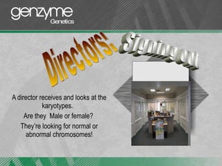 A director receives and looks at the karyotypes.  Are they  Male or female?  They’re looking for normal or abnormal chromosomes! Directors: Signing out  