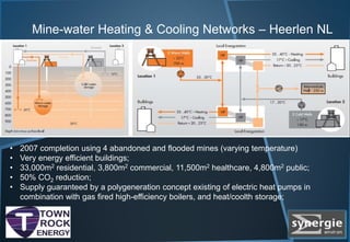 Mine-water Heating & Cooling Networks – Heerlen NL
• 2007 completion using 4 abandoned and flooded mines (varying temperature)
• Very energy efficient buildings;
• 33,000m2 residential, 3,800m2 commercial, 11,500m2 healthcare, 4,800m2 public;
• 50% CO2 reduction;
• Supply guaranteed by a polygeneration concept existing of electric heat pumps in
combination with gas fired high-efficiency boilers, and heat/coolth storage;
 