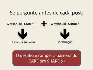 Se pergunte antes de cada post:
Whyshould I CARE? Whyshould I SHARE?
Distribuição Social Viralização
+
 
O desafio é romper a barreira do
CARE pro SHARE ;-)
 