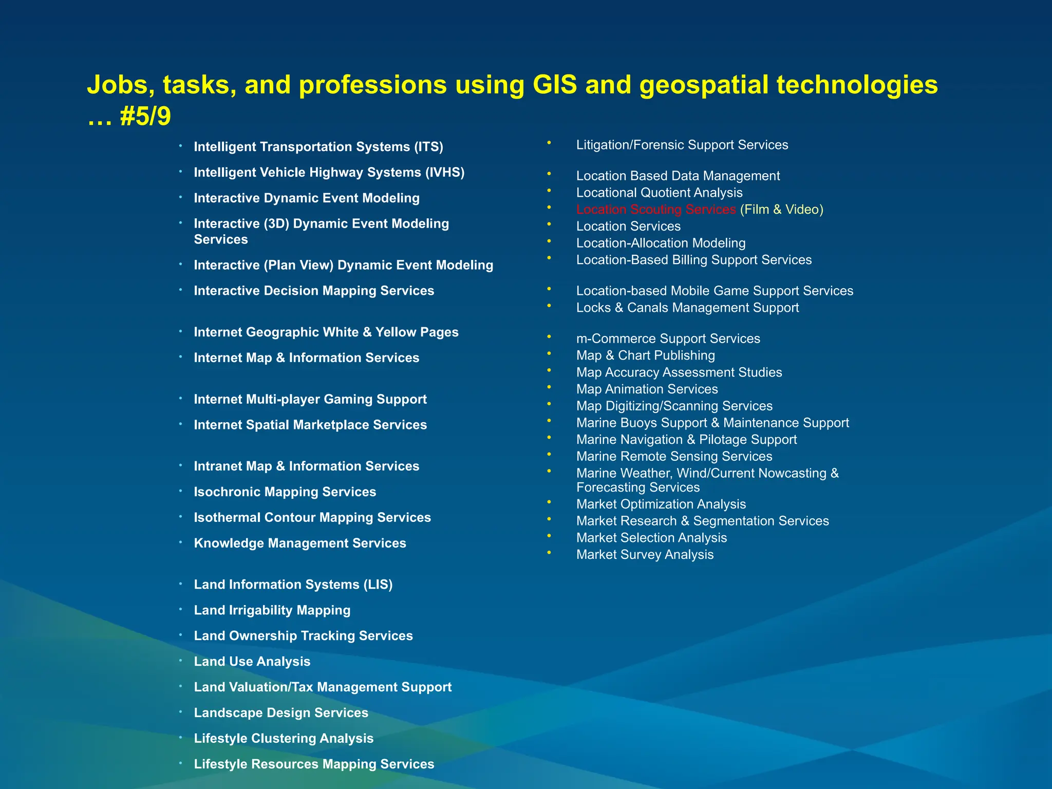 Jobs, tasks, and professions using GIS and geospatial technologies
… #5/9
• Intelligent Transportation Systems (ITS)
• Intelligent Vehicle Highway Systems (IVHS)
• Interactive Dynamic Event Modeling
• Interactive (3D) Dynamic Event Modeling
Services
• Interactive (Plan View) Dynamic Event Modeling
• Interactive Decision Mapping Services
• Internet Geographic White & Yellow Pages
• Internet Map & Information Services
• Internet Multi-player Gaming Support
• Internet Spatial Marketplace Services
• Intranet Map & Information Services
• Isochronic Mapping Services
• Isothermal Contour Mapping Services
• Knowledge Management Services
• Land Information Systems (LIS)
• Land Irrigability Mapping
• Land Ownership Tracking Services
• Land Use Analysis
• Land Valuation/Tax Management Support
• Landscape Design Services
• Lifestyle Clustering Analysis
• Lifestyle Resources Mapping Services
• Litigation/Forensic Support Services
• Location Based Data Management
• Locational Quotient Analysis
• Location Scouting Services (Film & Video)
• Location Services
• Location-Allocation Modeling
• Location-Based Billing Support Services
• Location-based Mobile Game Support Services
• Locks & Canals Management Support
• m-Commerce Support Services
• Map & Chart Publishing
• Map Accuracy Assessment Studies
• Map Animation Services
• Map Digitizing/Scanning Services
• Marine Buoys Support & Maintenance Support
• Marine Navigation & Pilotage Support
• Marine Remote Sensing Services
• Marine Weather, Wind/Current Nowcasting &
Forecasting Services
• Market Optimization Analysis
• Market Research & Segmentation Services
• Market Selection Analysis
• Market Survey Analysis
 