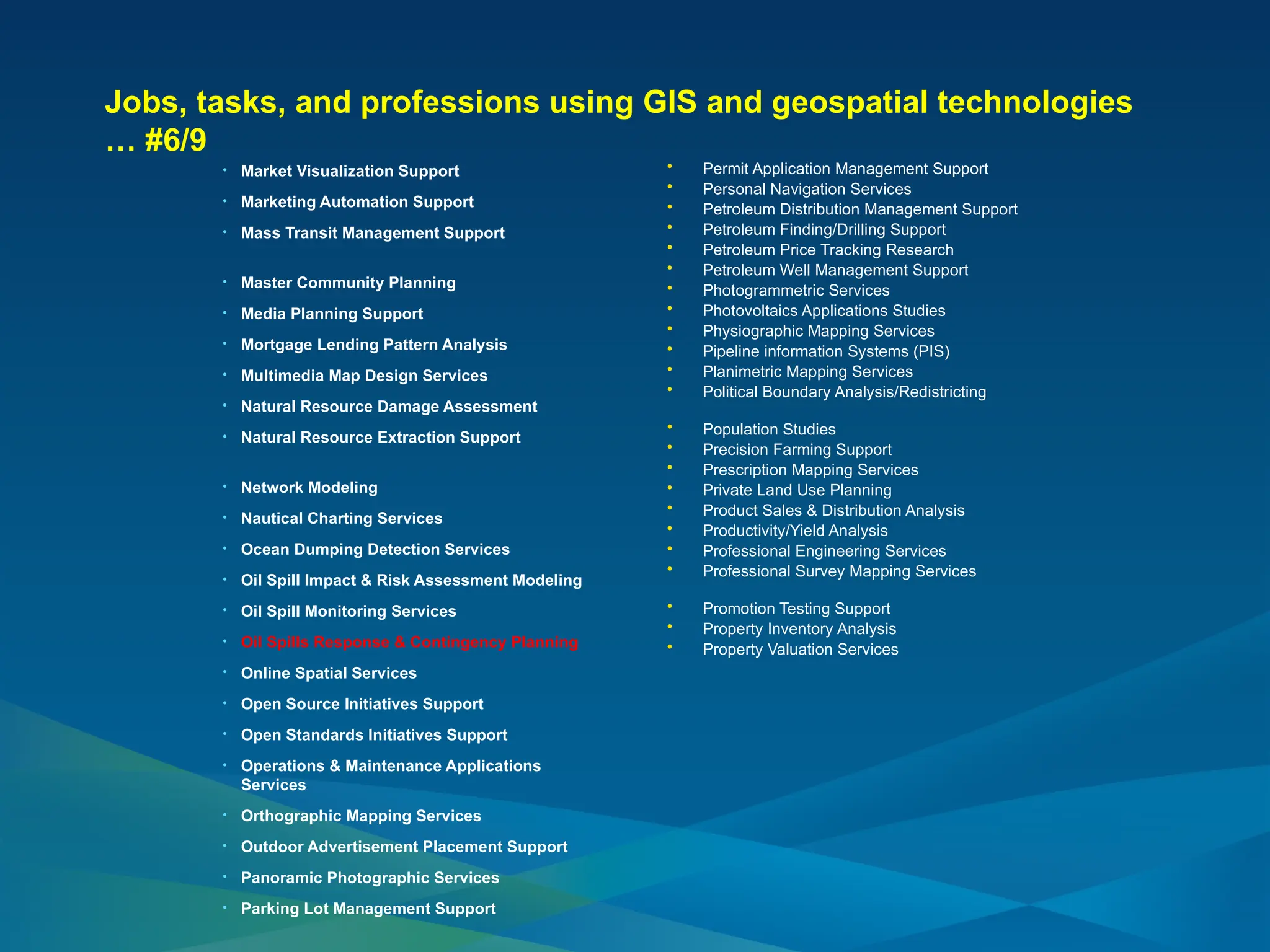 Jobs, tasks, and professions using GIS and geospatial technologies
… #6/9
• Market Visualization Support
• Marketing Automation Support
• Mass Transit Management Support
• Master Community Planning
• Media Planning Support
• Mortgage Lending Pattern Analysis
• Multimedia Map Design Services
• Natural Resource Damage Assessment
• Natural Resource Extraction Support
• Network Modeling
• Nautical Charting Services
• Ocean Dumping Detection Services
• Oil Spill Impact & Risk Assessment Modeling
• Oil Spill Monitoring Services
• Oil Spills Response & Contingency Planning
• Online Spatial Services
• Open Source Initiatives Support
• Open Standards Initiatives Support
• Operations & Maintenance Applications
Services
• Orthographic Mapping Services
• Outdoor Advertisement Placement Support
• Panoramic Photographic Services
• Parking Lot Management Support
• Permit Application Management Support
• Personal Navigation Services
• Petroleum Distribution Management Support
• Petroleum Finding/Drilling Support
• Petroleum Price Tracking Research
• Petroleum Well Management Support
• Photogrammetric Services
• Photovoltaics Applications Studies
• Physiographic Mapping Services
• Pipeline information Systems (PIS)
• Planimetric Mapping Services
• Political Boundary Analysis/Redistricting
• Population Studies
• Precision Farming Support
• Prescription Mapping Services
• Private Land Use Planning
• Product Sales & Distribution Analysis
• Productivity/Yield Analysis
• Professional Engineering Services
• Professional Survey Mapping Services
• Promotion Testing Support
• Property Inventory Analysis
• Property Valuation Services
 