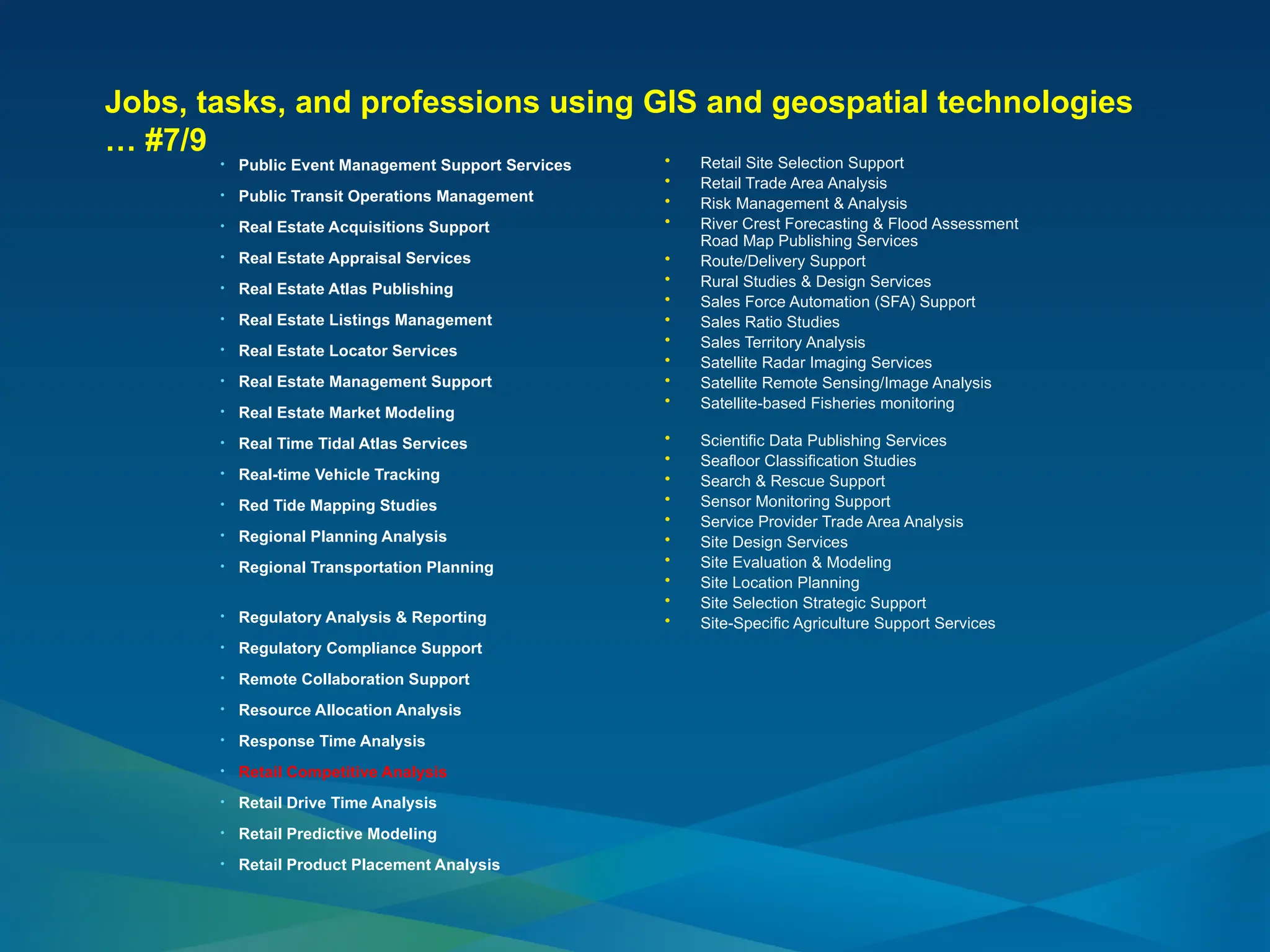 Jobs, tasks, and professions using GIS and geospatial technologies
… #7/9
• Public Event Management Support Services
• Public Transit Operations Management
• Real Estate Acquisitions Support
• Real Estate Appraisal Services
• Real Estate Atlas Publishing
• Real Estate Listings Management
• Real Estate Locator Services
• Real Estate Management Support
• Real Estate Market Modeling
• Real Time Tidal Atlas Services
• Real-time Vehicle Tracking
• Red Tide Mapping Studies
• Regional Planning Analysis
• Regional Transportation Planning
• Regulatory Analysis & Reporting
• Regulatory Compliance Support
• Remote Collaboration Support
• Resource Allocation Analysis
• Response Time Analysis
• Retail Competitive Analysis
• Retail Drive Time Analysis
• Retail Predictive Modeling
• Retail Product Placement Analysis
• Retail Site Selection Support
• Retail Trade Area Analysis
• Risk Management & Analysis
• River Crest Forecasting & Flood Assessment
Road Map Publishing Services
• Route/Delivery Support
• Rural Studies & Design Services
• Sales Force Automation (SFA) Support
• Sales Ratio Studies
• Sales Territory Analysis
• Satellite Radar Imaging Services
• Satellite Remote Sensing/Image Analysis
• Satellite-based Fisheries monitoring
• Scientific Data Publishing Services
• Seafloor Classification Studies
• Search & Rescue Support
• Sensor Monitoring Support
• Service Provider Trade Area Analysis
• Site Design Services
• Site Evaluation & Modeling
• Site Location Planning
• Site Selection Strategic Support
• Site-Specific Agriculture Support Services
 