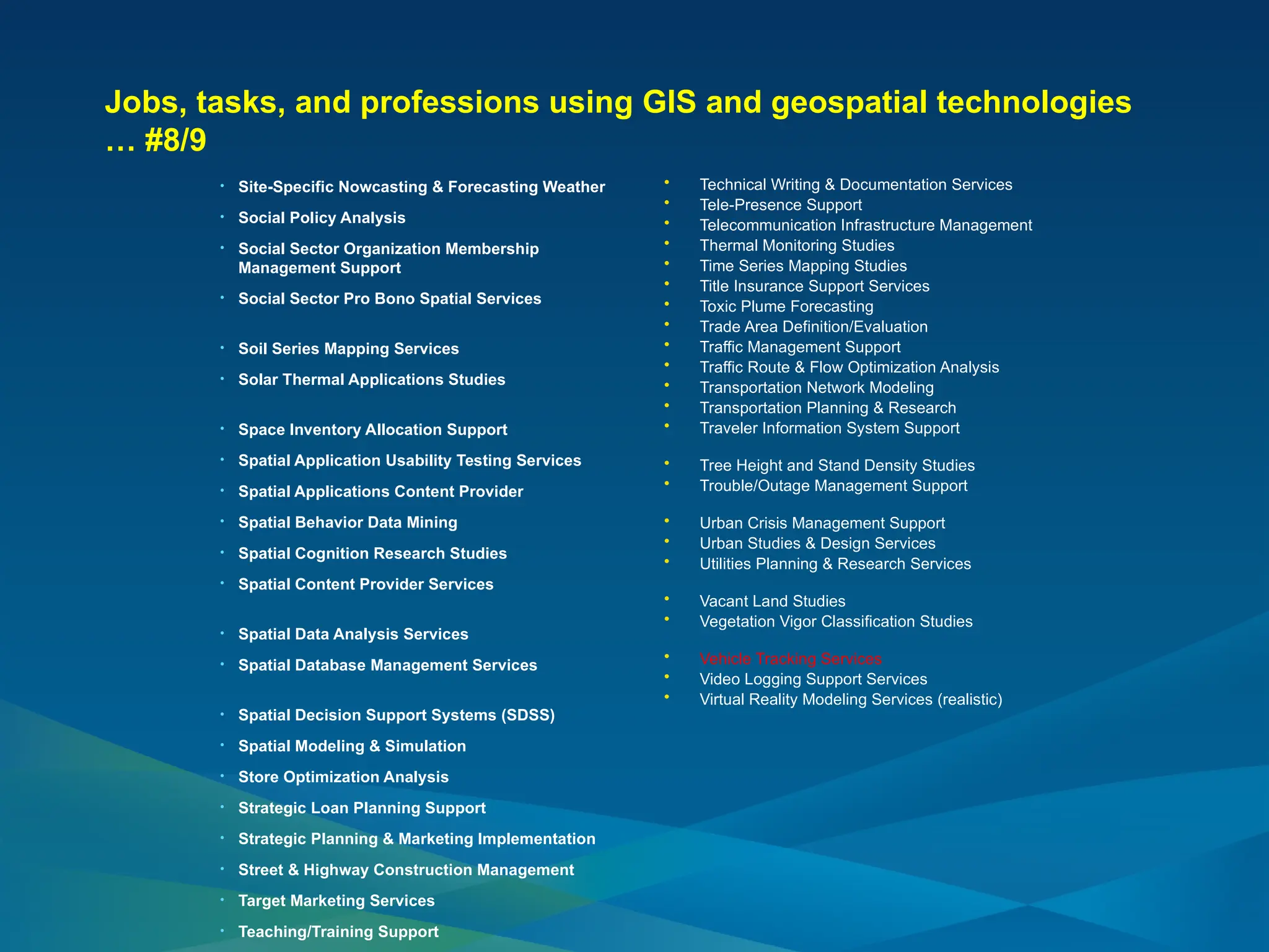 Jobs, tasks, and professions using GIS and geospatial technologies
… #8/9
• Site-Specific Nowcasting & Forecasting Weather
• Social Policy Analysis
• Social Sector Organization Membership
Management Support
• Social Sector Pro Bono Spatial Services
• Soil Series Mapping Services
• Solar Thermal Applications Studies
• Space Inventory Allocation Support
• Spatial Application Usability Testing Services
• Spatial Applications Content Provider
• Spatial Behavior Data Mining
• Spatial Cognition Research Studies
• Spatial Content Provider Services
• Spatial Data Analysis Services
• Spatial Database Management Services
• Spatial Decision Support Systems (SDSS)
• Spatial Modeling & Simulation
• Store Optimization Analysis
• Strategic Loan Planning Support
• Strategic Planning & Marketing Implementation
• Street & Highway Construction Management
• Target Marketing Services
• Teaching/Training Support
• Technical Writing & Documentation Services
• Tele-Presence Support
• Telecommunication Infrastructure Management
• Thermal Monitoring Studies
• Time Series Mapping Studies
• Title Insurance Support Services
• Toxic Plume Forecasting
• Trade Area Definition/Evaluation
• Traffic Management Support
• Traffic Route & Flow Optimization Analysis
• Transportation Network Modeling
• Transportation Planning & Research
• Traveler Information System Support
• Tree Height and Stand Density Studies
• Trouble/Outage Management Support
• Urban Crisis Management Support
• Urban Studies & Design Services
• Utilities Planning & Research Services
• Vacant Land Studies
• Vegetation Vigor Classification Studies
• Vehicle Tracking Services
• Video Logging Support Services
• Virtual Reality Modeling Services (realistic)
 