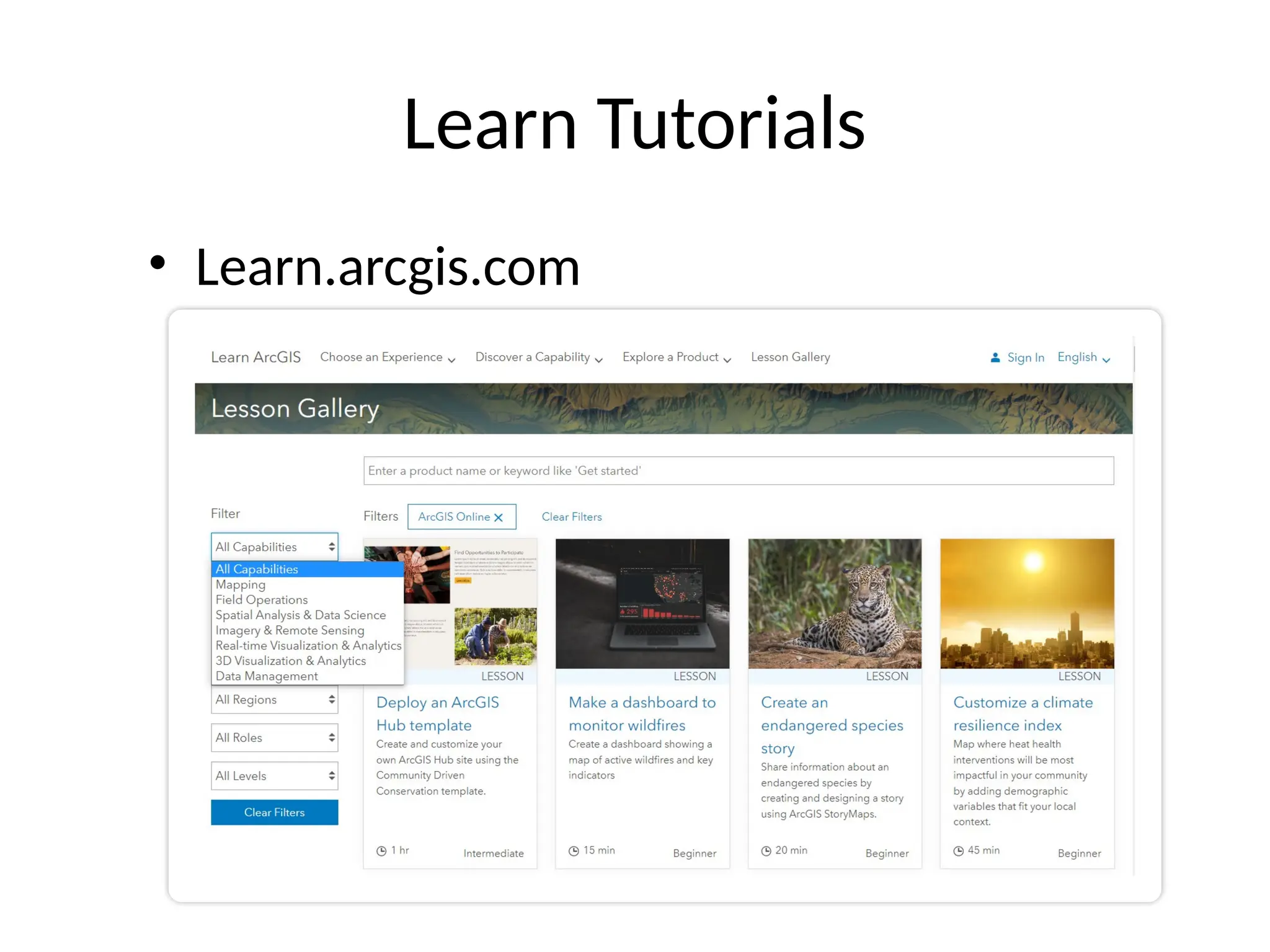 Learn Tutorials
• Learn.arcgis.com
 