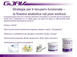 Strategia per il recupero funzionale –
la finestra anabolica nel post workout
Il recupero lento inizia con il termine del lavoro muscolare e si protrae per le successive
24-48 ore!! L'organismo di un atleta dopo una gara e/o dopo un allenamento deve
opportunamente ripristinare le scorte di:


Acqua; “veicolo”



Sali minerali citrati e bicarbonati (magnesio, potassio, calcio); “intracellulare”



Destrosio e maltodestrine per glicogeno muscolare (1g-3g); “energia”



Amminoacidi (essenziali, BCAA, glutammina, OKG); detox ammonia e “massa”



Antiossidanti e vitamine del gruppo B

 