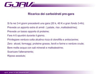 Ricarica dei carboidrati pre-gara
Si fa nei 3-4 giorni precedenti una gara (20 k, 40 K e gran fondo 3-4h);
Prevede un apporto extra di amidi ( patate, riso ,maltodestrine);
Prevede un basso apporto di proteine;
Fare 4-5 spuntini durante il giorno.
Privilegiare verdura cotta alcalina ricca di clorofilla e antiocianine;
Zero alcool, formaggi, proteine grasse, lieviti e farine e verdure crude;
Bere molta acqua con sali minerali e maltodestrine;
Scaricare l'allenamento;
Riposo assoluto;

 