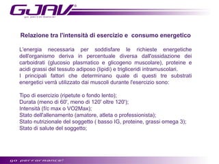 Relazione tra l'intensità di esercizio e consumo energetico
L'energia necessaria per soddisfare le richieste energetiche
dell'organismo deriva in percentuale diversa dall'ossidazione dei
carboidrati (glucosio plasmatico e glicogeno muscolare), proteine e
acidi grassi del tessuto adiposo (lipidi) e trigliceridi intramuscolari.
I principali fattori che determinano quale di questi tre substrati
energetici verrà utilizzato dai muscoli durante l'esercizio sono:
Tipo di esercizio (ripetute o fondo lento);
Durata (meno di 60', meno di 120' oltre 120');
Intensità (f/c max o VO2Max);
Stato dell'allenamento (amatore, atleta o professionista);
Stato nutrizionale del soggetto ( basso IG, proteine, grassi omega 3);
Stato di salute del soggetto;

 