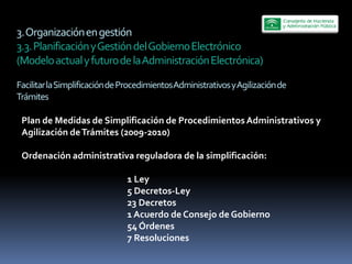 3.  Organización  en  gestión  
3.3.  Planificación  y  Gestión  del  Gobierno  Electrónico  
(Modelo  actual  y  futuro  de  la  Administración  Electrónica)  
  
Facilitar  la  Simplificación  de  Procedimientos  Administrativos  y  Agilización  de  
Trámites    

 Plan  de  Medidas  de  Simplificación  de  Procedimientos  Administrativos  y  
 Agilización  de  Trámites  (2009-­‐2010)  
   
 Ordenación  administrativa  reguladora  de  la  simplificación:    
   
                              1  Ley  
                              5  Decretos-­‐Ley  
                              23  Decretos  
                              1  Acuerdo  de  Consejo  de  Gobierno  
                              54  Órdenes  
                              7  Resoluciones  
     
 