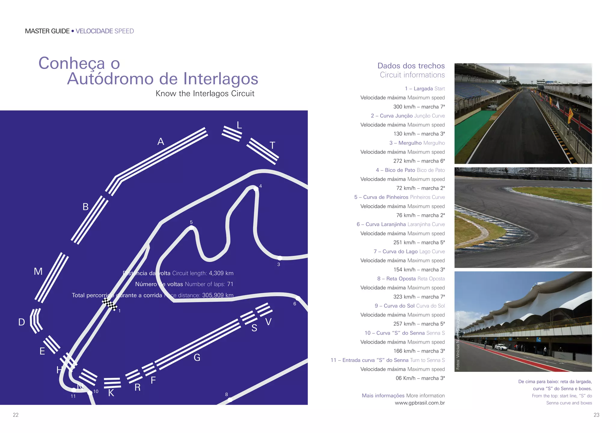 2322
MASTER GUIDE • VELOCIDADE SPEED
1
4
5
6
10
811
3
Distância da volta Circuit length: 4,309 km
Número de voltas Number of laps: 71
Total percorrido durante a corrida Race distance: 305,909 km
Conheça o
Autódromo de Interlagos
T
L
A
B
M
D
E
H
N
K
R
F
G
S
V
Know the Interlagos Circuit
Dados dos trechos
Circuit informations
1 – Largada Start
Velocidade máxima Maximum speed
300 km/h – marcha 7ª
2 – Curva Junção Junção Curve
Velocidade máxima Maximum speed
130 km/h – marcha 3ª
3 – Mergulho Mergulho
Velocidade máxima Maximum speed
272 km/h – marcha 6ª
4 – Bico de Pato Bico de Pato
Velocidade máxima Maximum speed
72 km/h – marcha 2ª
5 – Curva de Pinheiros Pinheiros Curve
Velocidade máxima Maximum speed
76 km/h – marcha 2ª
6 – Curva Laranjinha Laranjinha Curve
Velocidade máxima Maximum speed
251 km/h – marcha 5ª
7 – Curva do Lago Lago Curve
Velocidade máxima Maximum speed
154 km/h – marcha 3ª
8 – Reta Oposta Reta Oposta
Velocidade máxima Maximum speed
323 km/h – marcha 7ª
9 – Curva do Sol Curva do Sol
Velocidade máxima Maximum speed
257 km/h – marcha 5ª
10 – Curva “S” do Senna Senna S
Velocidade máxima Maximum speed
166 km/h – marcha 3ª
11 – Entrada curva “S” do Senna Turn to Senna S
Velocidade máxima Maximum speed
06 Km/h – marcha 3ª
Mais informações More information
www.gpbrasil.com.br
De cima para baixo: reta da largada,
curva “S” do Senna e boxes.
From the top: start line, “S” do
Senna curve and boxes
Fotos:ViníciusNunes/Divulgação
 