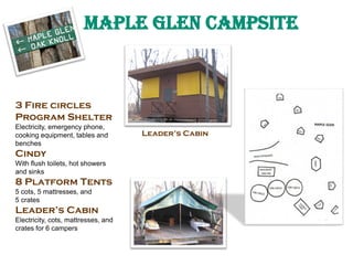 Maple Glen CAMPSITE
3 Fire circles
Program Shelter
Electricity, emergency phone,
cooking equipment, tables and
benches
Cin...
