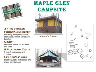 Maple Glen
CaMpSITe

3 Fire circles
Program Shelter
Electricity, emergency phone,
cooking equipment, tables and
benches

Cindy

With flush toilets, hot showers
and sinks

8 Platform Tents
5 cots, 5 mattresses, and
5 crates

Leader’s Cabin

Electricity, cots, mattresses, and
crates for 6 campers

Leader’s Cabin

 