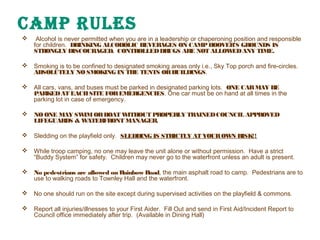 Camp RulEs


Alcohol is never permitted when you are in a leadership or chaperoning position and responsible
for children.  DRINKING ALCOHOLIC BEVERAGES ON CAMP HOOVER’S GROUNDS IS
STRONGLY DISCOURAGED.  CONTROLLED DRUGS ARE NOT ALLOW ANY TIME. 
ED



Smoking is to be confined to designated smoking areas only i.e., Sky Top porch and fire-circles. 
ABSOLUTELY NO SMOKING IN THE TENTS OR BUILDINGS. 



All cars, vans, and buses must be parked in designated parking lots.  ONE CAR MAY BE
PARKED AT EACH SITE FOR EMERGENCIES. One car must be on hand at all times in the
parking lot in case of emergency.  



NO ONE MAY SW OR BOAT W
IM
ITHOUT PROPERLY TRAINED COUNCIL APPROVED
LIFEGUARDS & W
ATERFRONT MANAGER. 



Sledding on the playfield only.  SLEDDING IS STRICTLY AT YOUR OW RISK!! 
N



While troop camping, no one may leave the unit alone or without permission.  Have a strict
“Buddy System” for safety.  Children may never go to the waterfront unless an adult is present. 



No pedestrians are allowed on Rainbow Road, the main asphalt road to camp.  Pedestrians are to
use to walking roads to Townley Hall and the waterfront. 



No one should run on the site except during supervised activities on the playfield & commons. 



Report all injuries/illnesses to your First Aider.  Fill Out and send in First Aid/Incident Report to
Council office immediately after trip.  (Available in Dining Hall) 

 