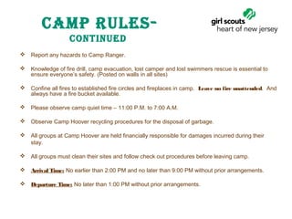 Camp RulEs ContinuEd


Report any hazards to Camp Ranger. 



Knowledge of fire drill, camp evacuation, lost camper and lost swimmers rescue is essential to
ensure everyone’s safety. (Posted on walls in all sites) 



Confine all fires to established fire circles and fireplaces in camp.  Leave no fire unattended.  And
always have a fire bucket available. 



Please observe camp quiet time – 11:00 P.M. to 7:00 A.M. 



Observe Camp Hoover recycling procedures for the disposal of garbage. 



All groups at Camp Hoover are held financially responsible for damages incurred during their
stay. 



All groups must clean their sites and follow check out procedures before leaving camp. 



Arrival Time: No earlier than 2:00 PM and no later than 9:00 PM without prior arrangements. 



Departure Time: No later than 1:00 PM without prior arrangements. 

 