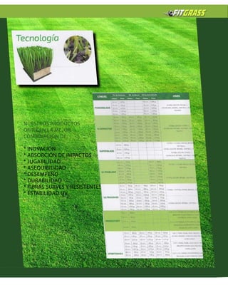 13Industrias Firm S.A. de C.V.
NUESTROS PRODUCTOS
OFRECEN LA MEJOR
COMBINACIÓN DE:
* INOVACIÓN
* ABSORCIÓN DE IMPACTOS
* JUGABILIDAD
* ASEQUIBILIDAD
* DESEMPEÑO
* DURABILIDAD
* FIBRAS SUAVES Y RESISTENTES
* ESTABILIDAD UV
 
