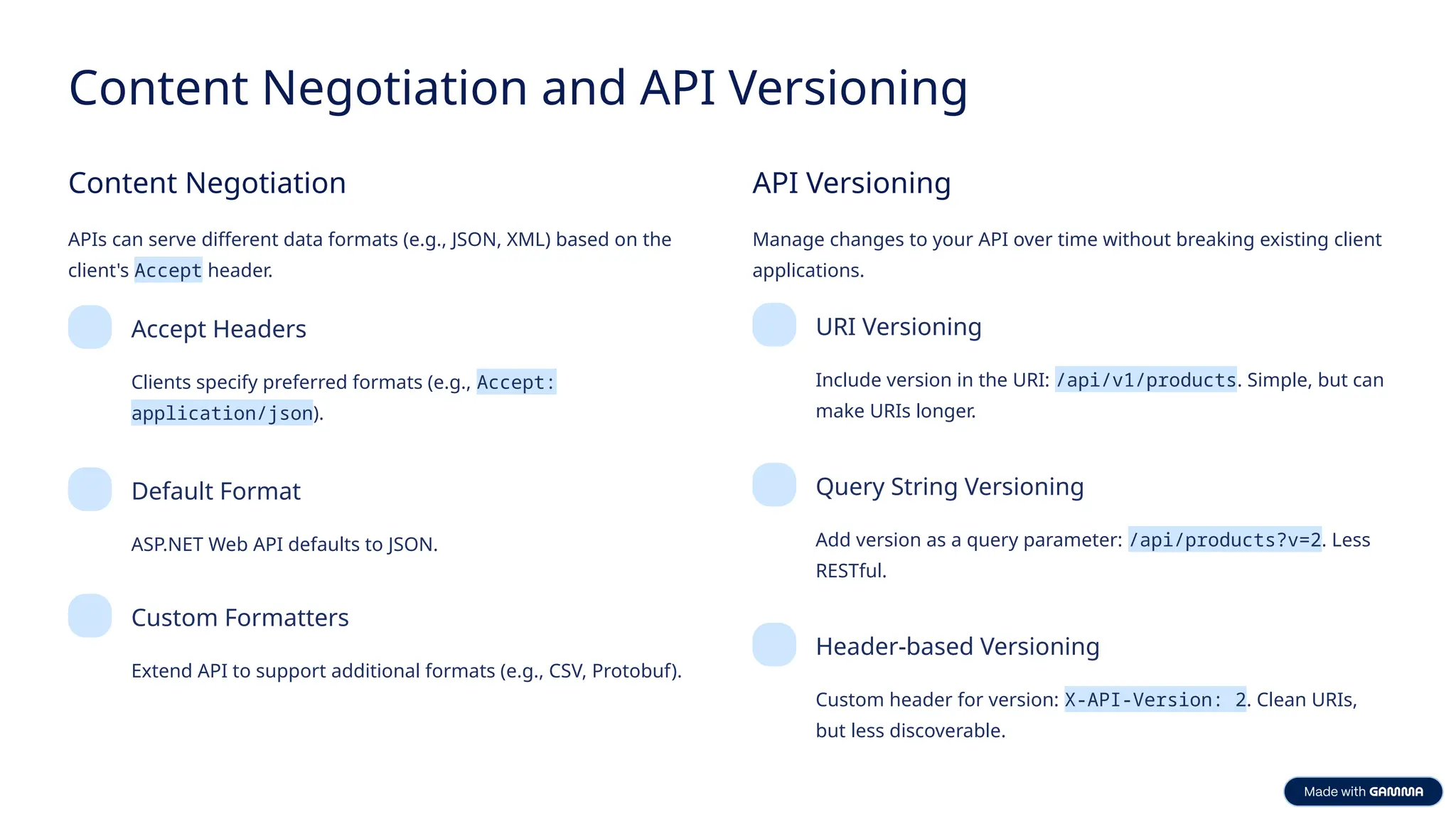 Content Negotiation and API Versioning Content Negotiation APIs can serve different data formats (e.g., JSON, XML) based on the client's Accept header. Accept Headers Clients specify preferred formats (e.g., Accept: application/json). Default Format ASP.NET Web API defaults to JSON. Custom Formatters Extend API to support additional formats (e.g., CSV, Protobuf). API Versioning Manage changes to your API over time without breaking existing client applications. URI Versioning Include version in the URI: /api/v1/products. Simple, but can make URIs longer. Query String Versioning Add version as a query parameter: /api/products?v=2. Less RESTful. Header-based Versioning Custom header for version: X-API-Version: 2. Clean URIs, but less discoverable. 