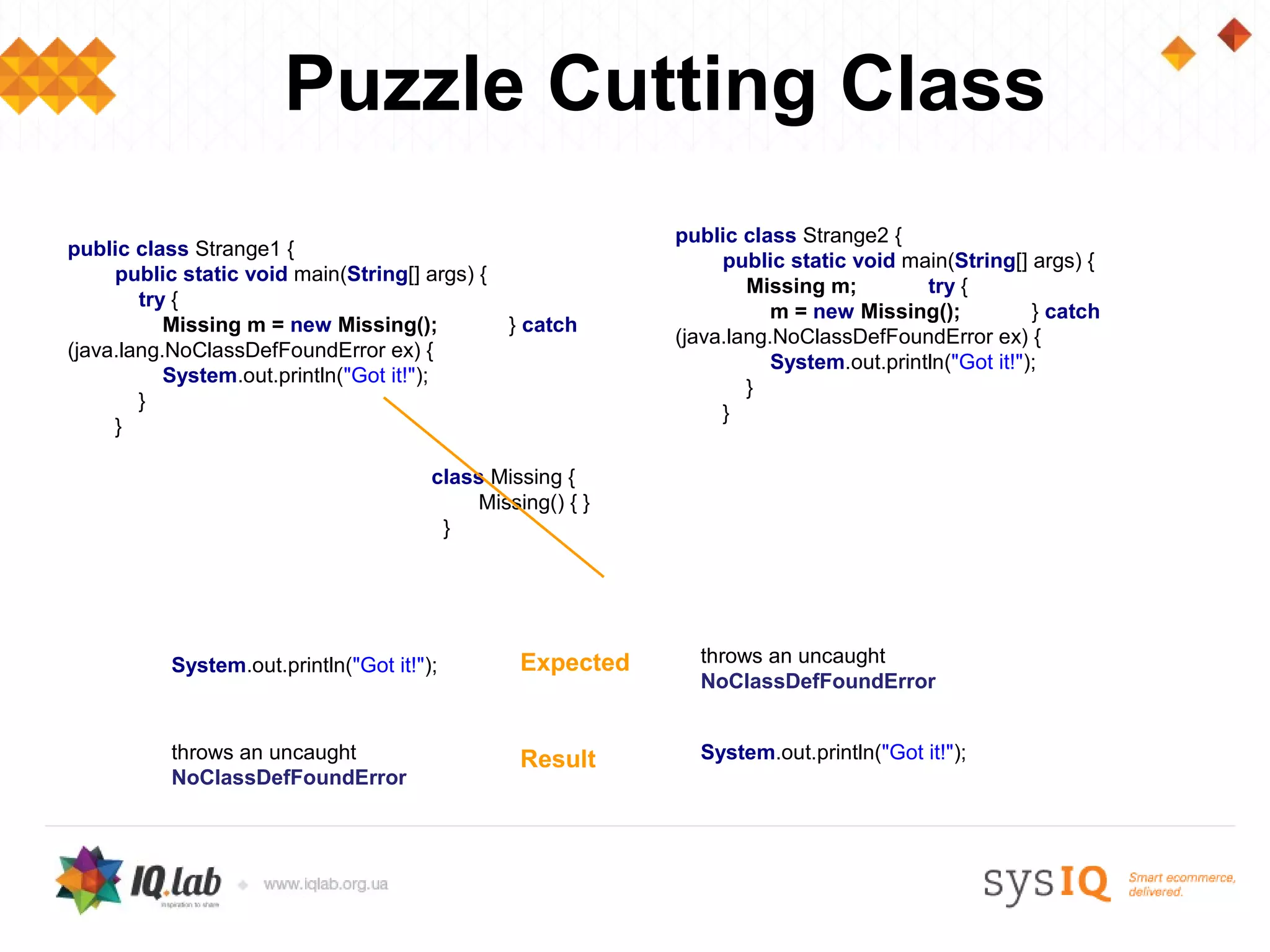 Puzzle Cutting Class
                                                            public class Strange2 {
public class Strange1 {
                                                                 public static void main(String[] args) {
     public static void main(String[] args) {
                                                                    Missing m;         try {
        try {
                                                                       m = new Missing();           } catch
           Missing m = new Missing();           } catch
                                                            (java.lang.NoClassDefFoundError ex) {
(java.lang.NoClassDefFoundError ex) {
                                                                       System.out.println("Got it!");
           System.out.println("Got it!");
                                                                    }
        }
                                                                 }
     }

                                        class Missing {
                                            Missing() { }
                                         }




           System.out.println("Got it!");        Expected     throws an uncaught
                                                              NoClassDefFoundError


           throws an uncaught                    Result       System.out.println("Got it!");
           NoClassDefFoundError
 