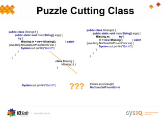 Puzzle Cutting Class
                                                              public class Strange2 {
public class Strange1 {
                                                                   public static void main(String[] args) {
     public static void main(String[] args) {
                                                                      Missing m;         try {
        try {
                                                                         m = new Missing();           } catch
           Missing m = new Missing();            } catch
                                                              (java.lang.NoClassDefFoundError ex) {
(java.lang.NoClassDefFoundError ex) {
                                                                         System.out.println("Got it!");
           System.out.println("Got it!");
                                                                      }
        }
                                                                   }
     }
                                                                 }
   }
                                          class Missing {
                                              Missing() { }
                                           }




                                                     ???
           System.out.println("Got it!");                       throws an uncaught
                                                                NoClassDefFoundError
 