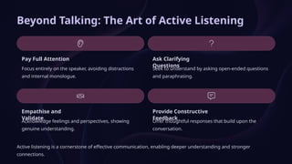 Beyond Talking: The Art of Active Listening
Pay Full Attention
Focus entirely on the speaker, avoiding distractions
and internal monologue.
Ask Clarifying
Questions
Seek to understand by asking open-ended questions
and paraphrasing.
Empathise and
Validate
Acknowledge feelings and perspectives, showing
genuine understanding.
Provide Constructive
Feedback
Offer thoughtful responses that build upon the
conversation.
Active listening is a cornerstone of effective communication, enabling deeper understanding and stronger
connections.
 