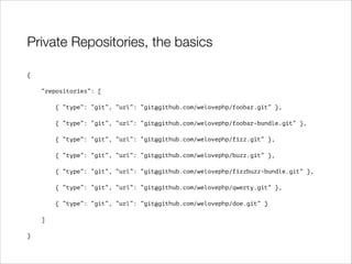 Private Repositories, the basics
{
“repositories”: [
{ “type”: “git”, “url”: “git@github.com/welovephp/foobar.git” },
{ “type”: “git”, “url”: “git@github.com/welovephp/foobar-bundle.git” },
{ “type”: “git”, “url”: “git@github.com/welovephp/fizz.git” },
{ “type”: “git”, “url”: “git@github.com/welovephp/buzz.git” },
{ “type”: “git”, “url”: “git@github.com/welovephp/fizzbuzz-bundle.git” },
{ “type”: “git”, “url”: “git@github.com/welovephp/qwerty.git” },
{ “type”: “git”, “url”: “git@github.com/welovephp/doe.git” }
]
}

 