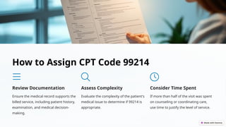 How to Assign CPT Code 99214
Review Documentation
Ensure the medical record supports the
billed service, including patient history,
examination, and medical decision-
making.
Assess Complexity
Evaluate the complexity of the patient's
medical issue to determine if 99214 is
appropriate.
Consider Time Spent
If more than half of the visit was spent
on counseling or coordinating care,
use time to justify the level of service.
 