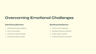 Overcoming Emotional Challenges
Identifying Barriers
Childhood emotional patterns
Fear of vulnerability
Automatic negative thoughts
Emotional avoidance habits
Building Resilience
Practice self-compassion
Develop emotional vocabulary
Create support systems
Embrace discomfort as growth
 