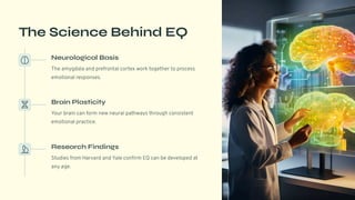 The Science Behind EQ
Neurological Basis
The amygdala and prefrontal cortex work together to process
emotional responses.
Brain Plasticity
Your brain can form new neural pathways through consistent
emotional practice.
Research Findings
Studies from Harvard and Yale confirm EQ can be developed at
any age.
 